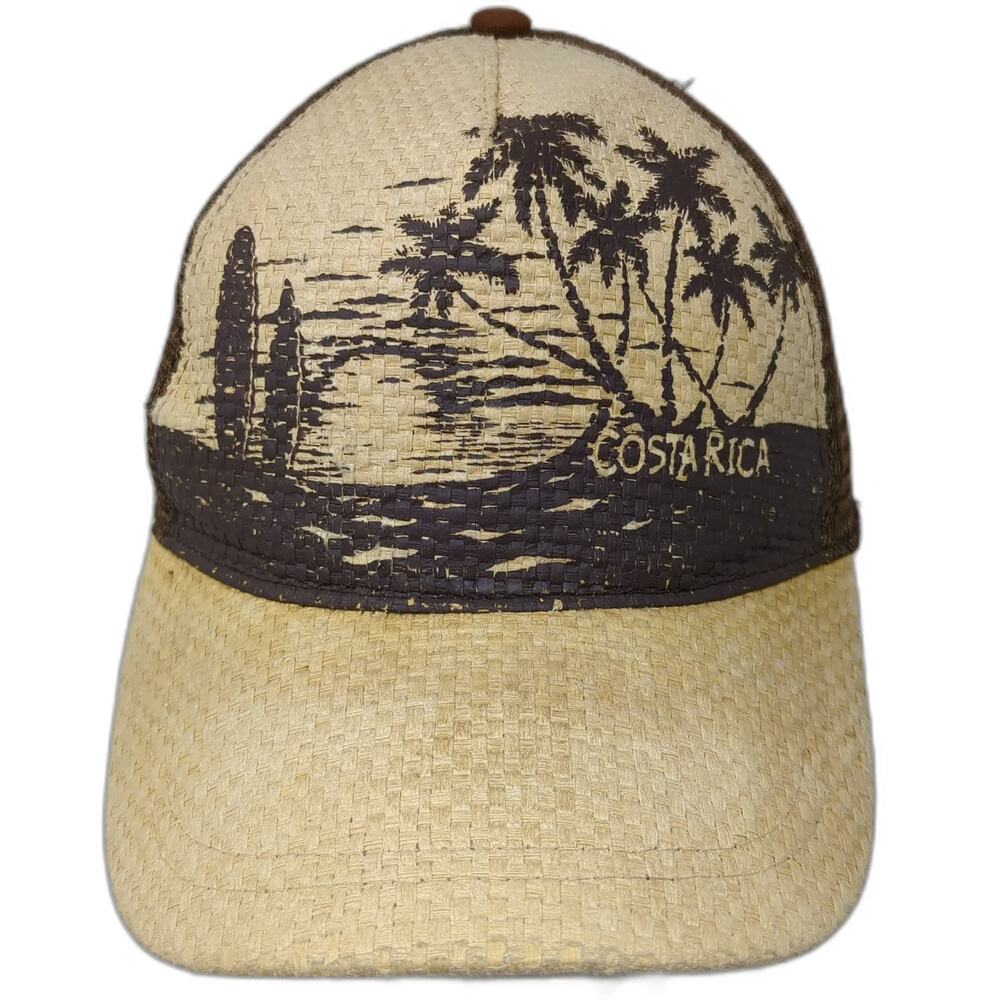 Pura Vida Costa Rica Trucker Hat Beige Brown One Size Mesh Straw Palm Tree
